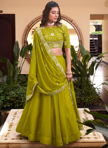 Thread Embroidery Work Silk Parrot Green Bridesmaid Lehenga Choli